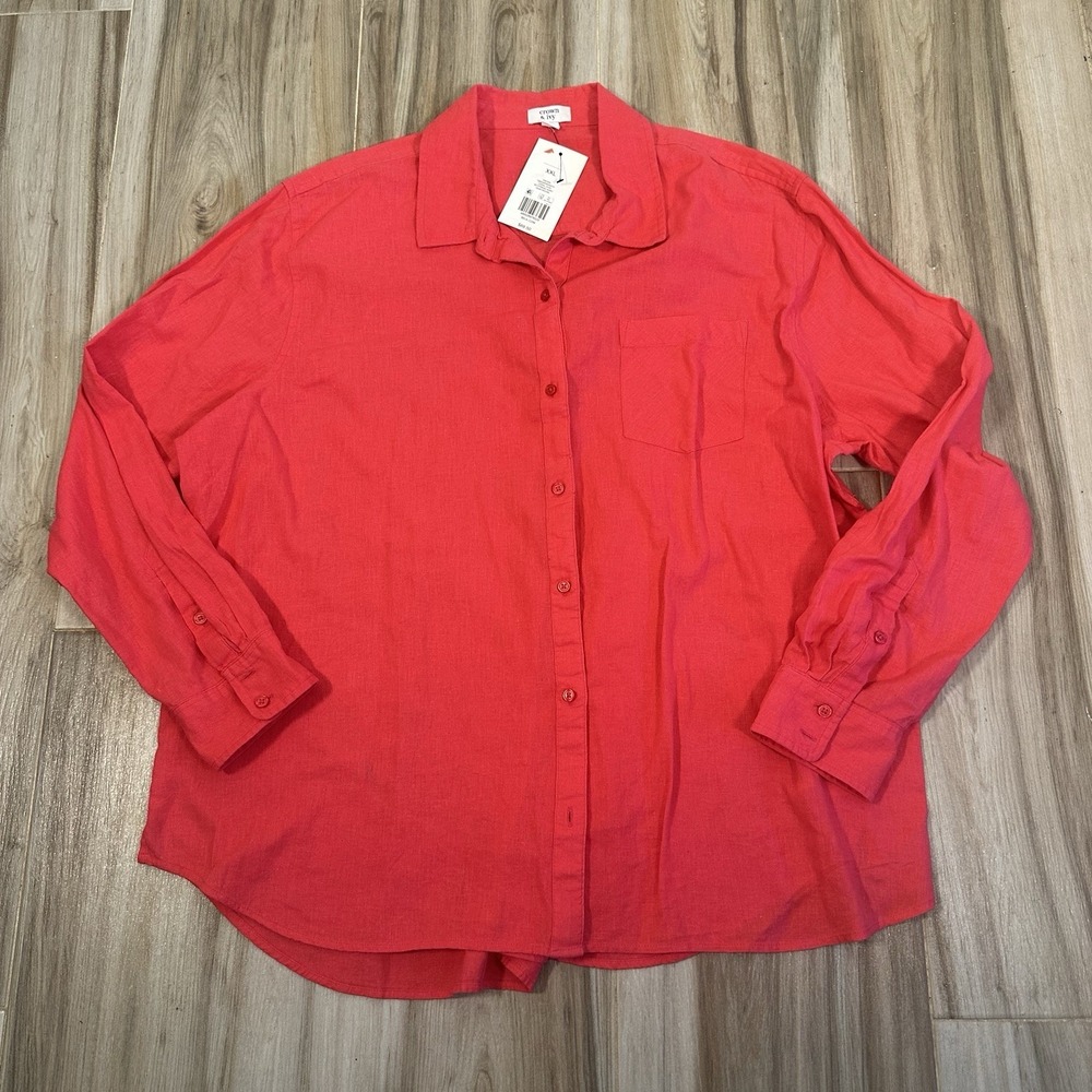 NWT Crown & Ivy Linen Blend Button up Shirt Coral XXL Casual Spring Vacation